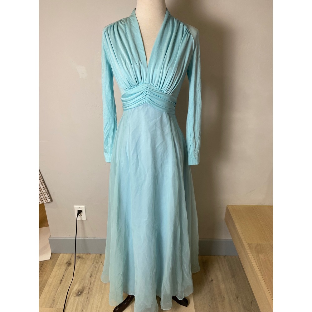 Vintage 1970s Blue Shimmer Chiffon Maxi Dress Long Sleeve Empire Waist Gown